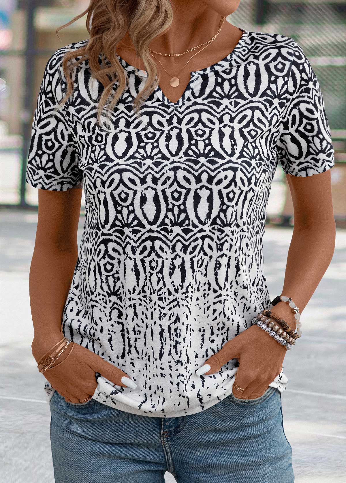 Tribal Print Black Short Sleeve Split Neck T Shirt