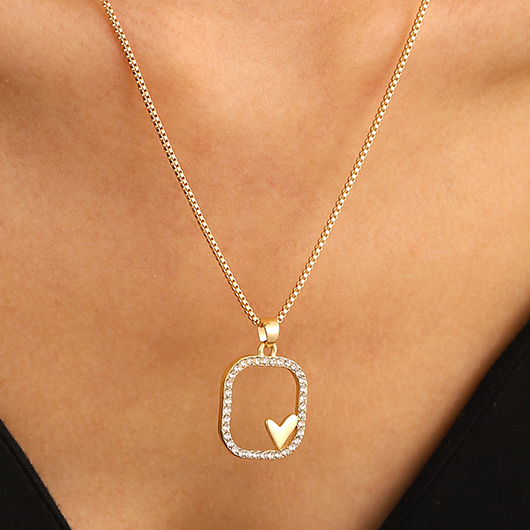 Rhinestone Golden Heart Detail Alloy Necklace