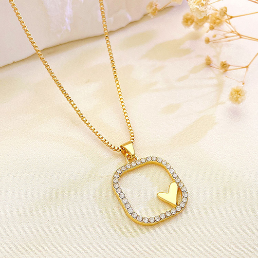 Rhinestone Golden Heart Detail Alloy Necklace