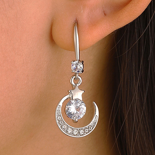 Silvery White Rhinestone Moon Alloy Earrings