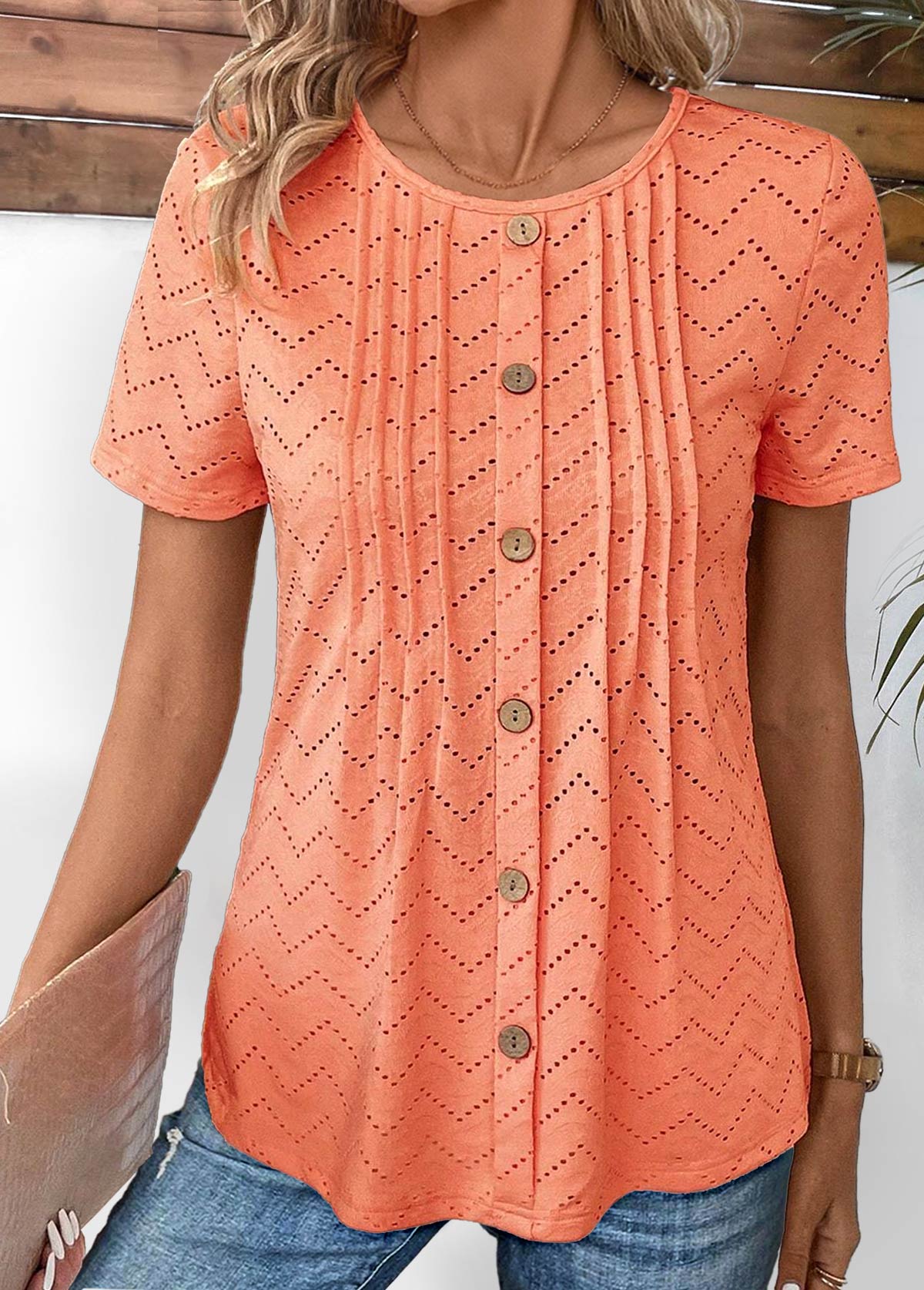 Plus Size Orange Tuck Stitch Short Sleeve T Shirt