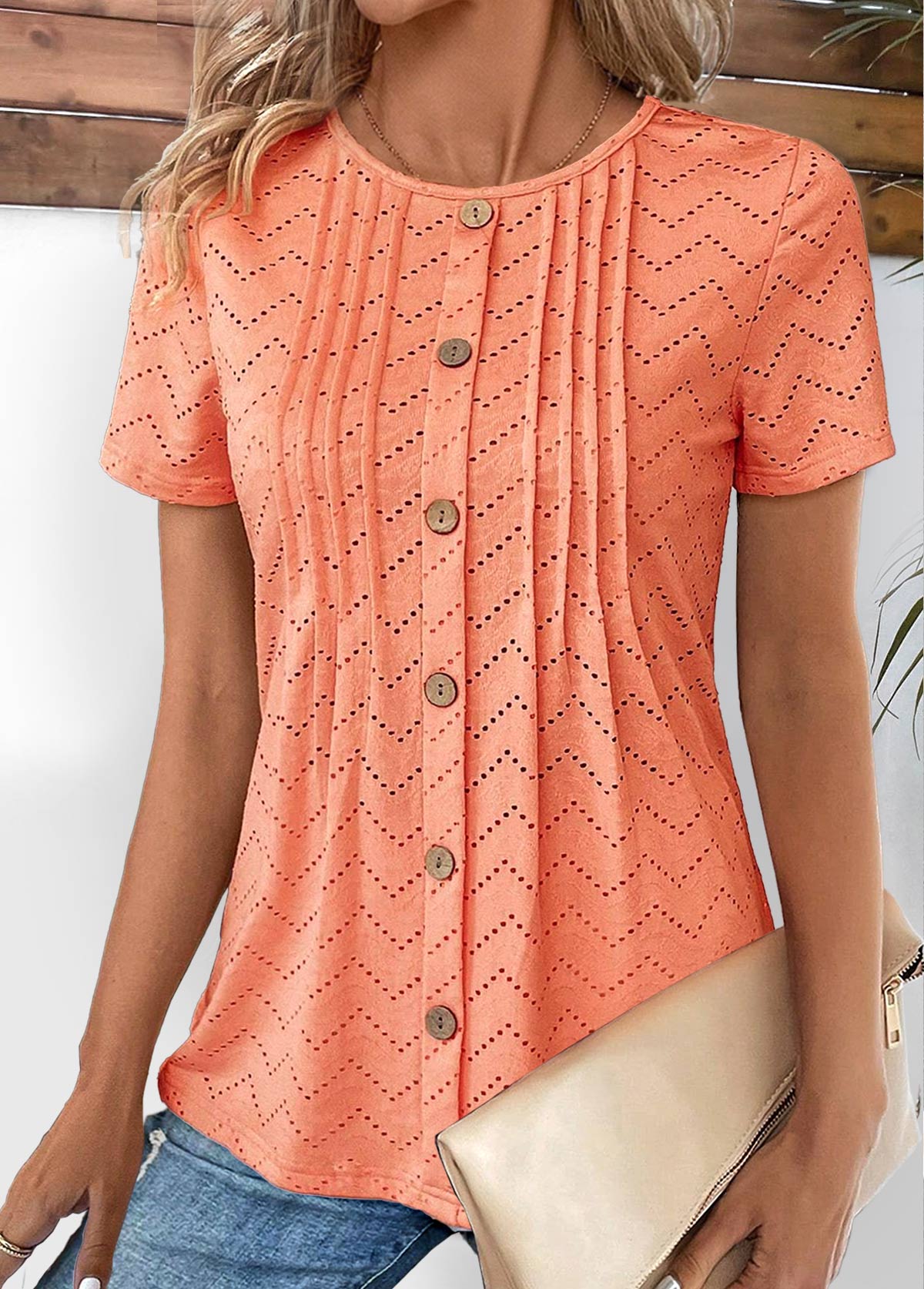 Plus Size Orange Tuck Stitch Short Sleeve T Shirt