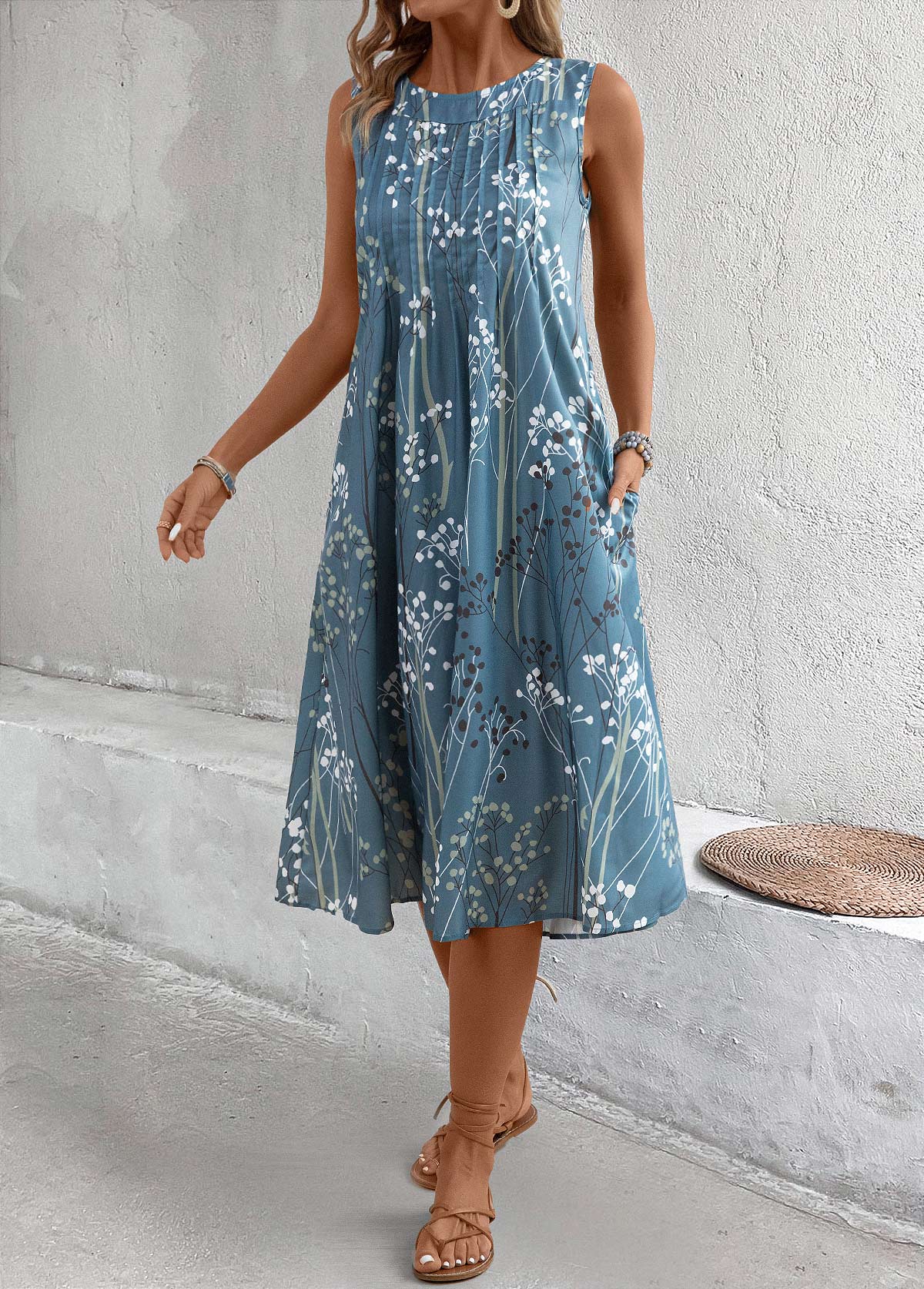Plants Print Dusty Blue A Line Sleeveless Dress