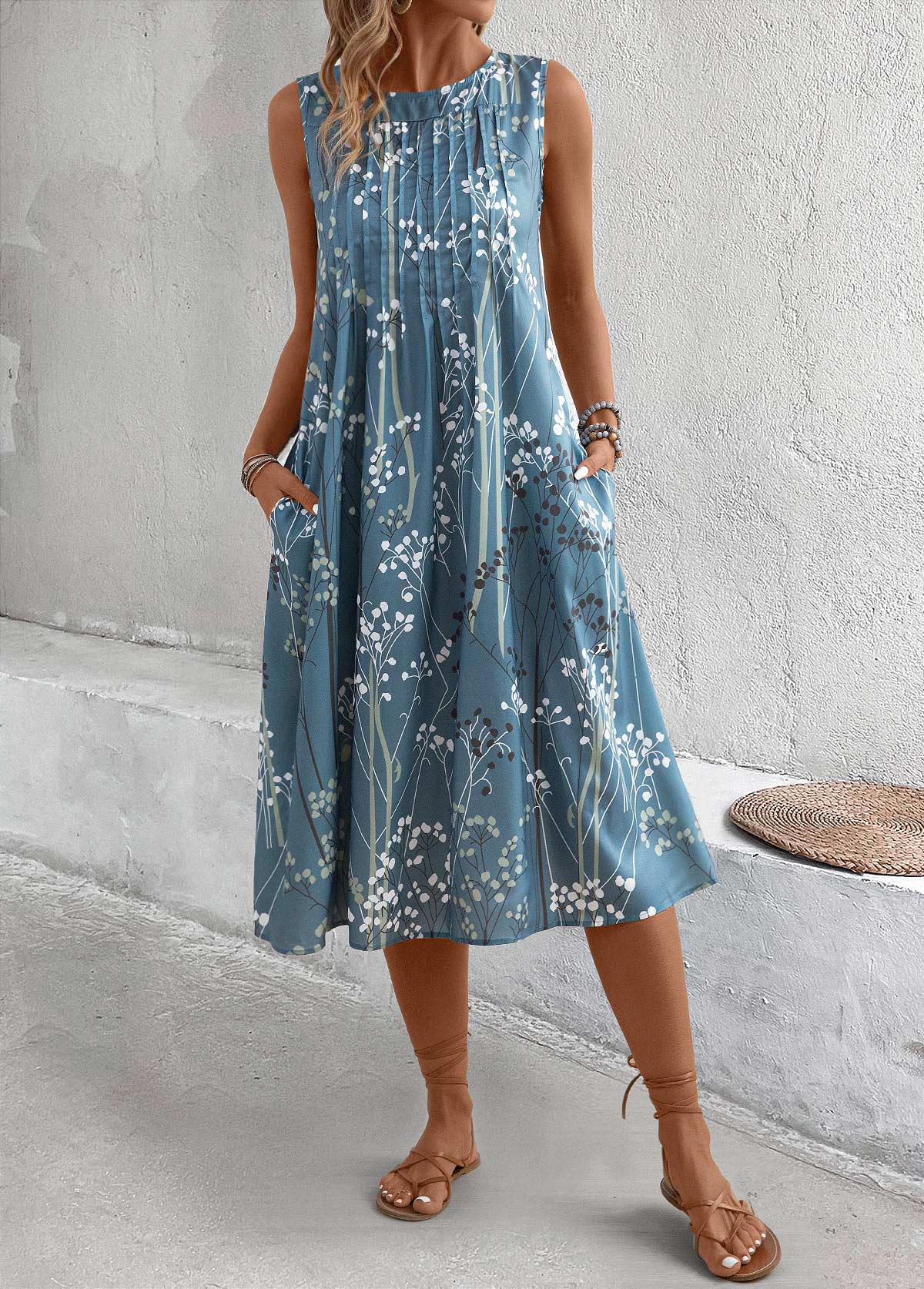 Plants Print Dusty Blue A Line Sleeveless Dress