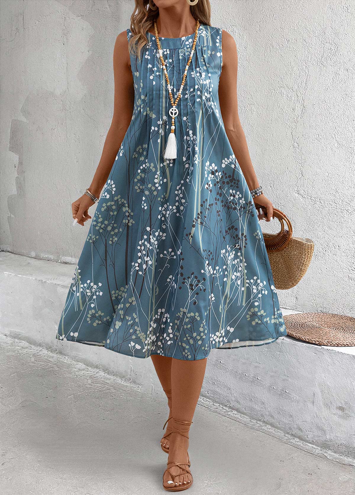 Plants Print Dusty Blue A Line Sleeveless Dress