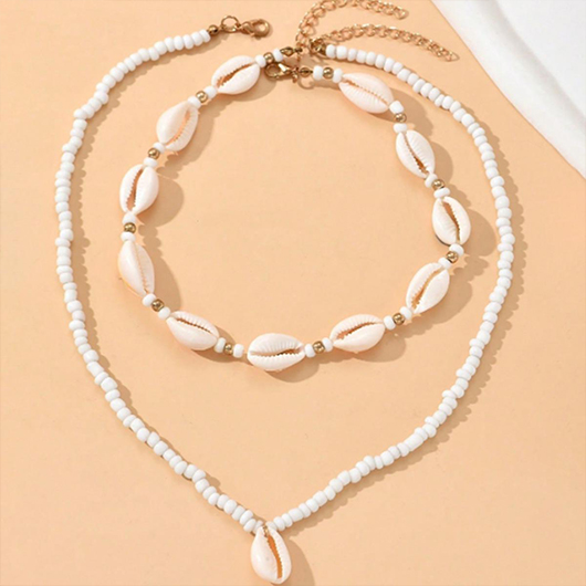 Beaded Seashell Detail White Necklace Set
