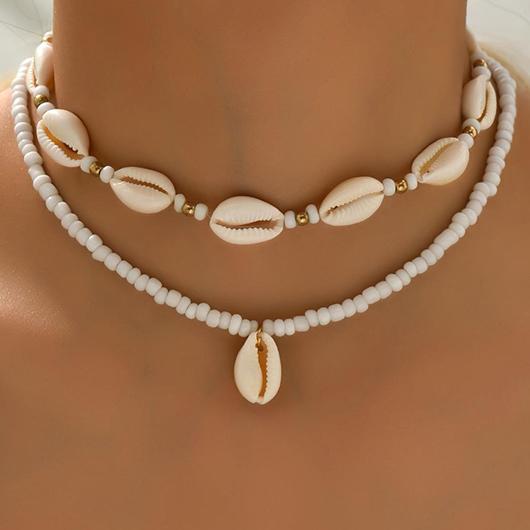 Beaded Seashell Detail White Necklace Set