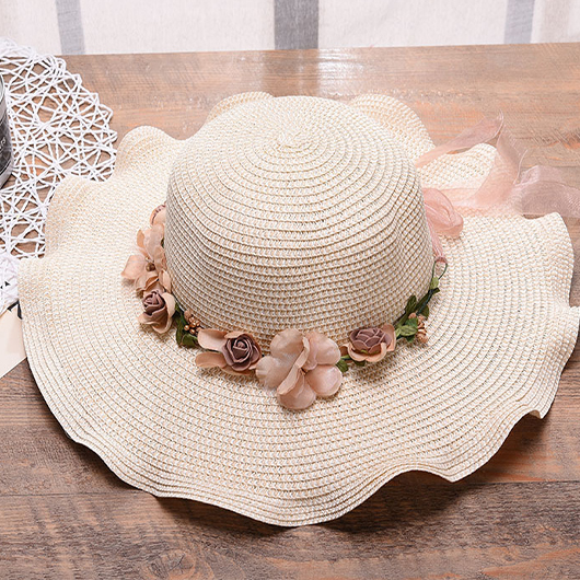 Floral Design Raw White Straw Hat