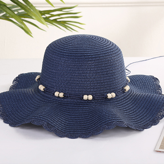Navy Scalloped Hem Beads Straw Hat