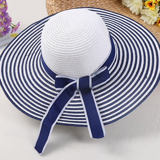Contrast Binding Bowknot Detail Striped Navy Hat