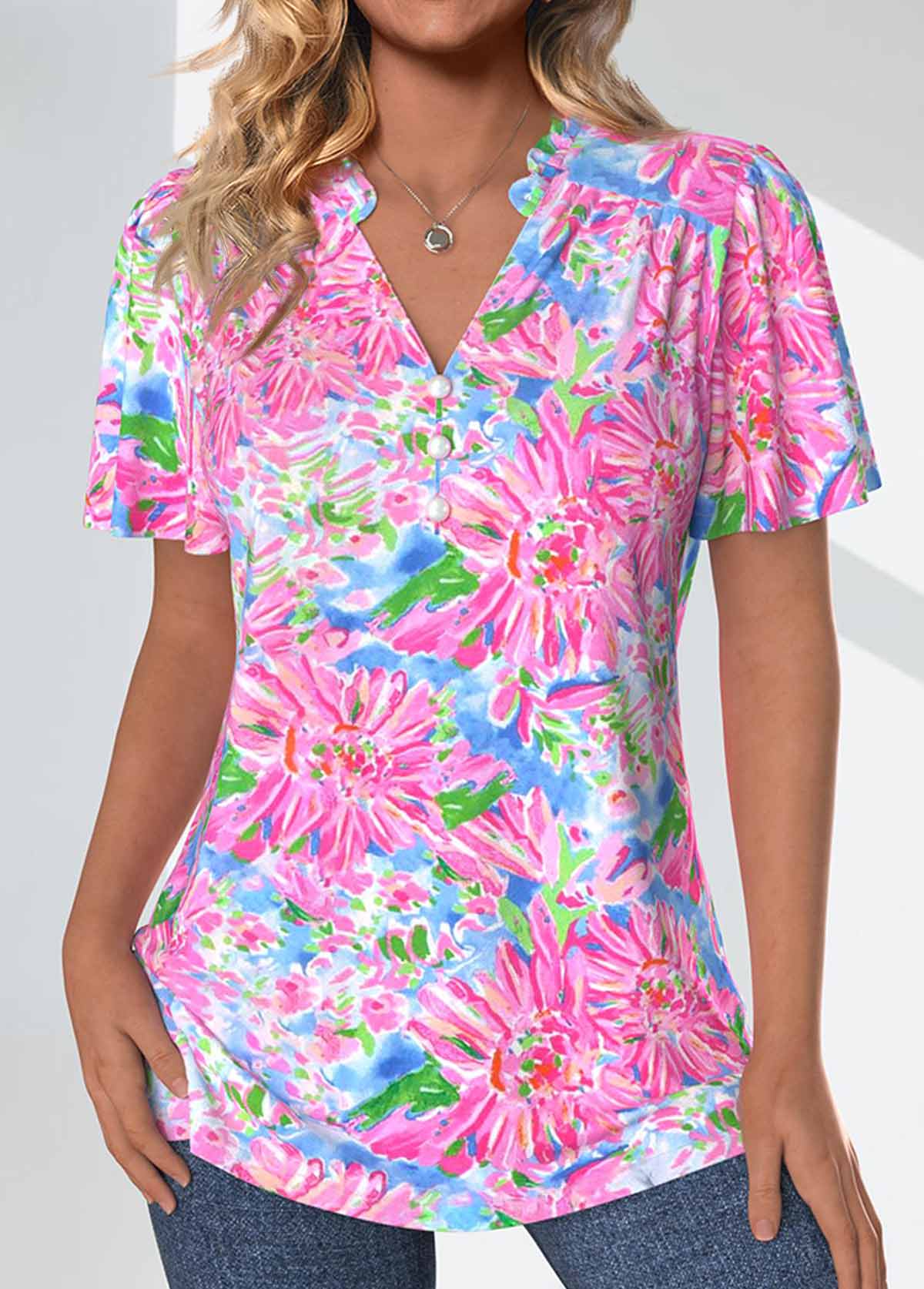 Floral Print Frill Neon Pink Short Sleeve Blouse