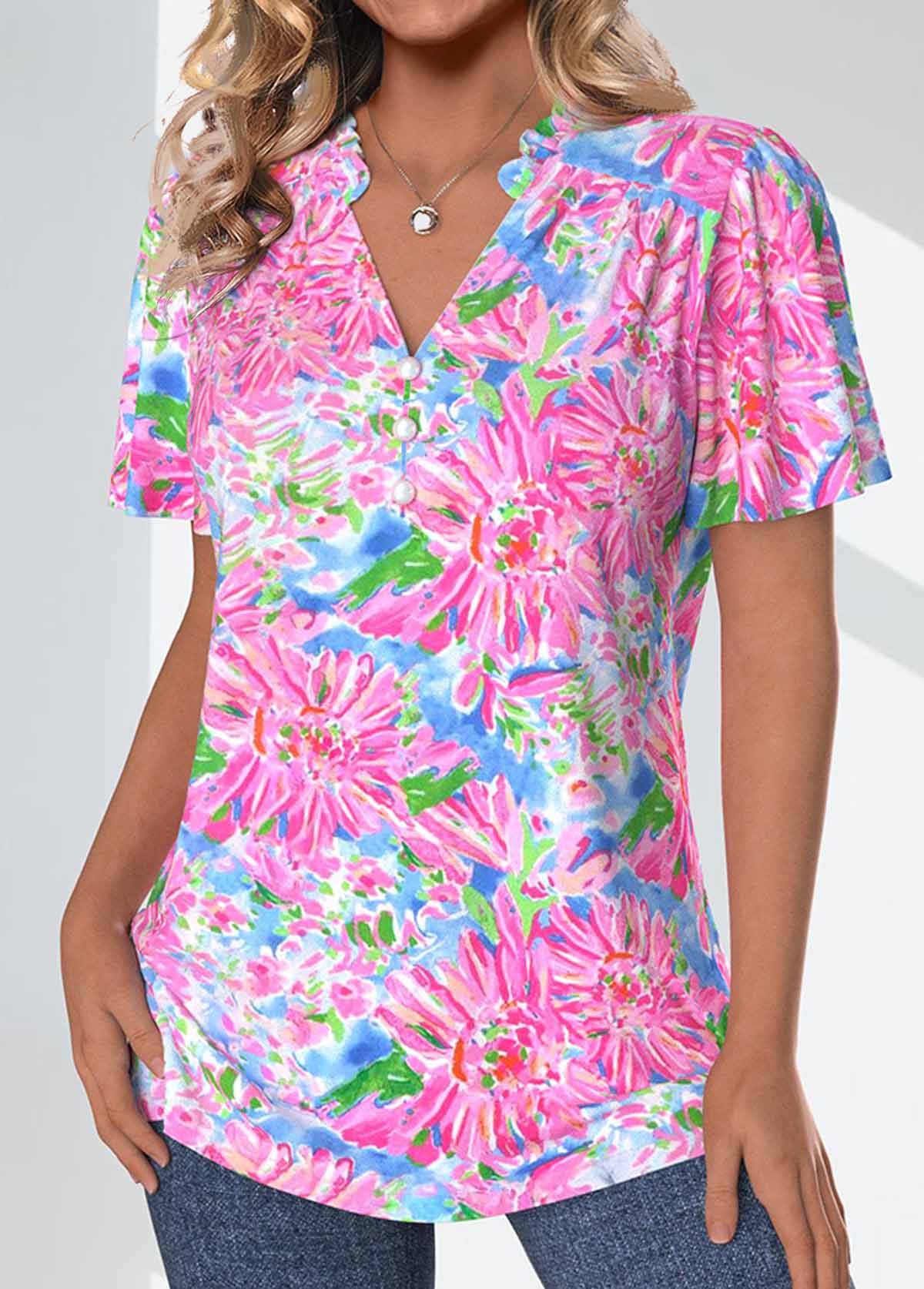 Floral Print Frill Neon Pink Short Sleeve Blouse