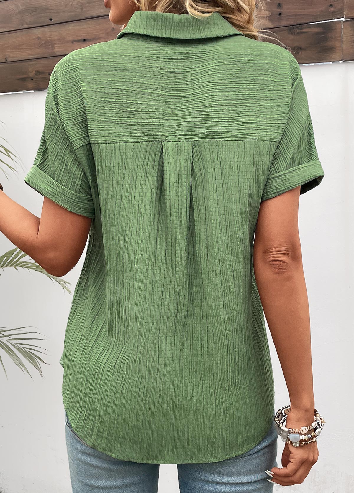 Patchwork Green Short Sleeve Shirt Collar Blouse