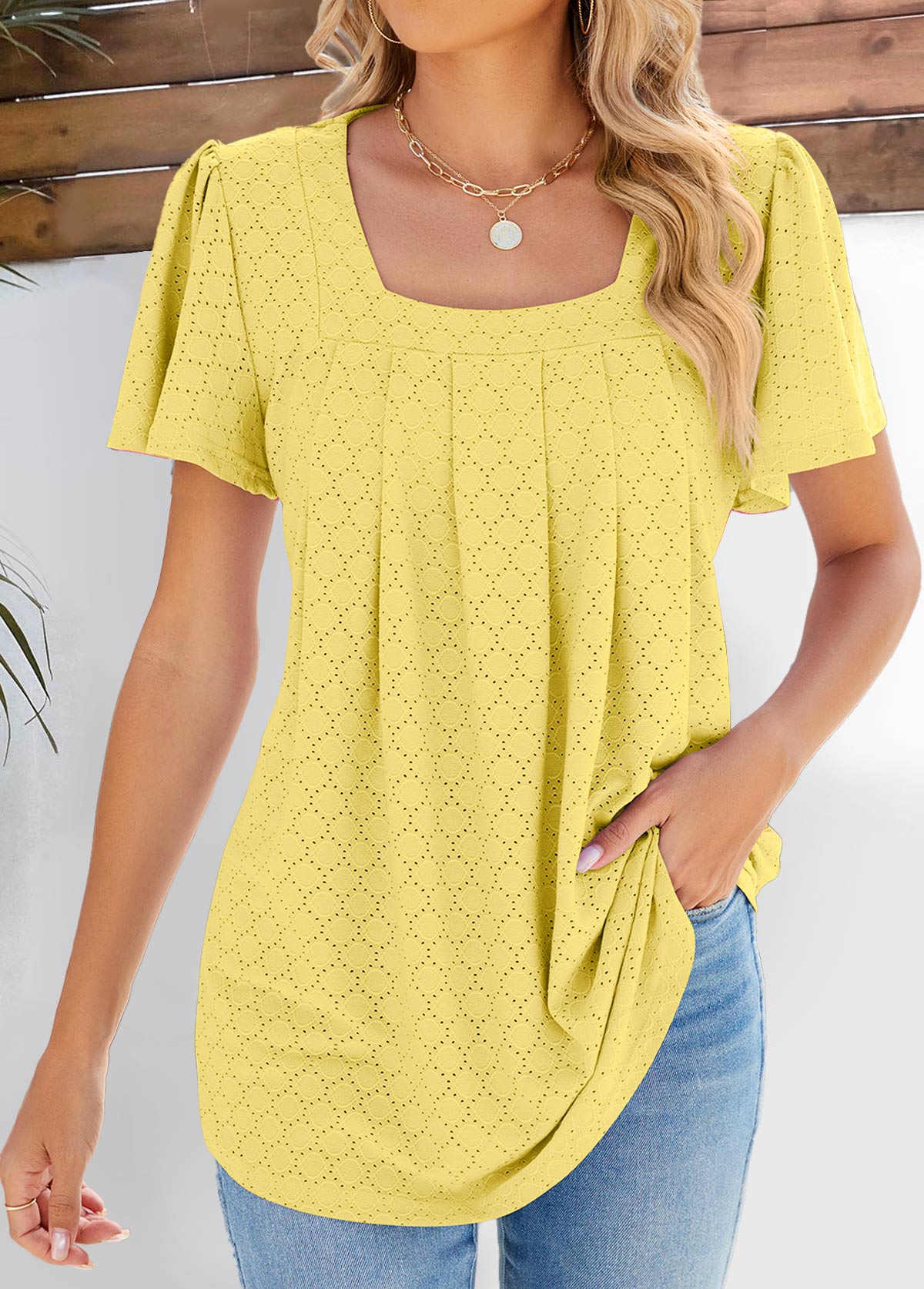 Pleated Light Yellow Short Sleeve Square Neck Blouse