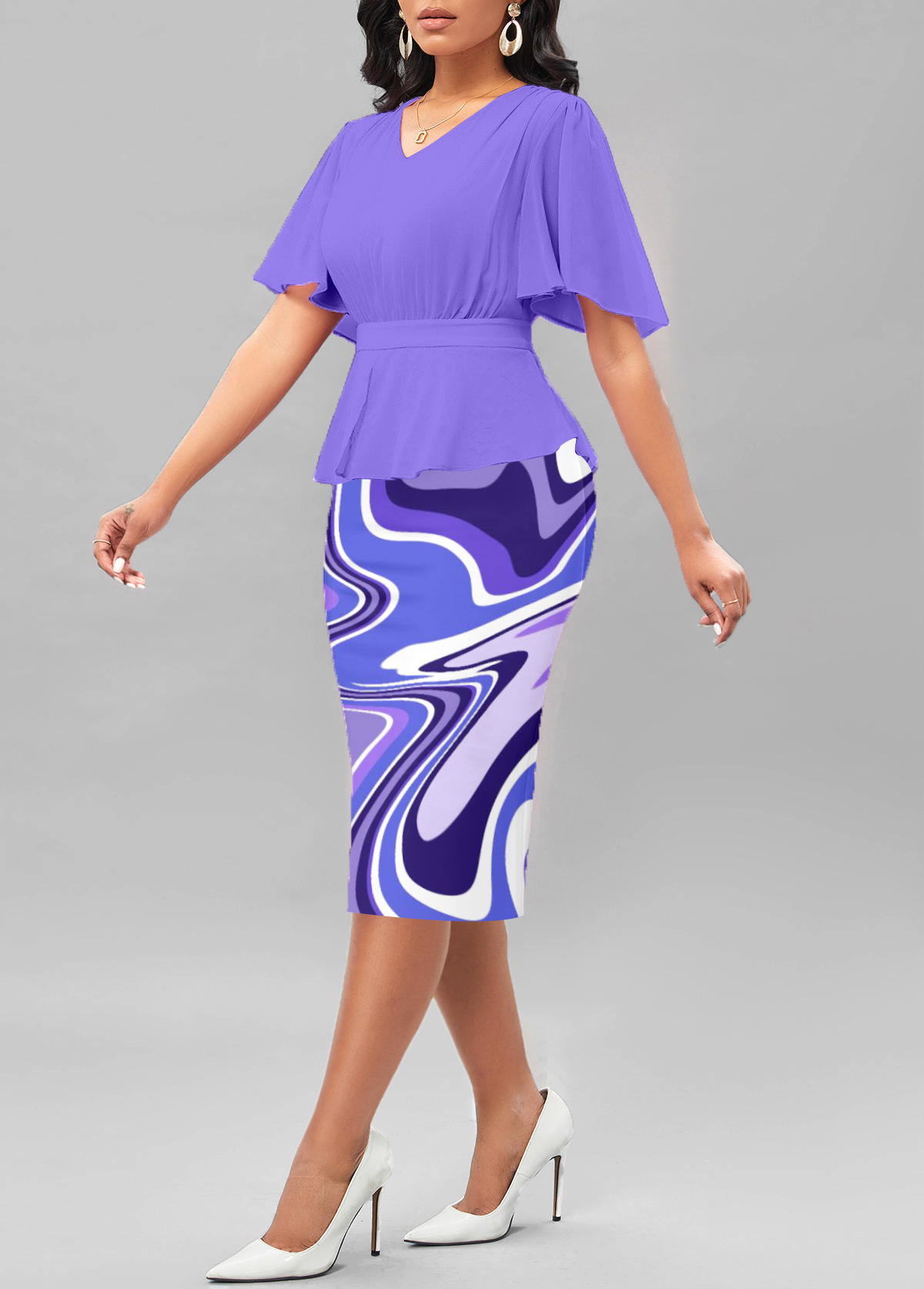 Geometric Print Split Light Purple Short Sleeve Bodycon Dress