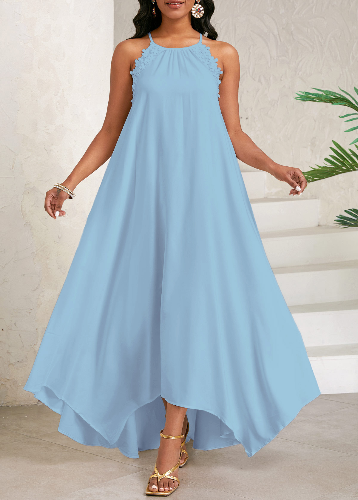 Lace Dusty Blue Maxi A Line Sleeveless Dress
