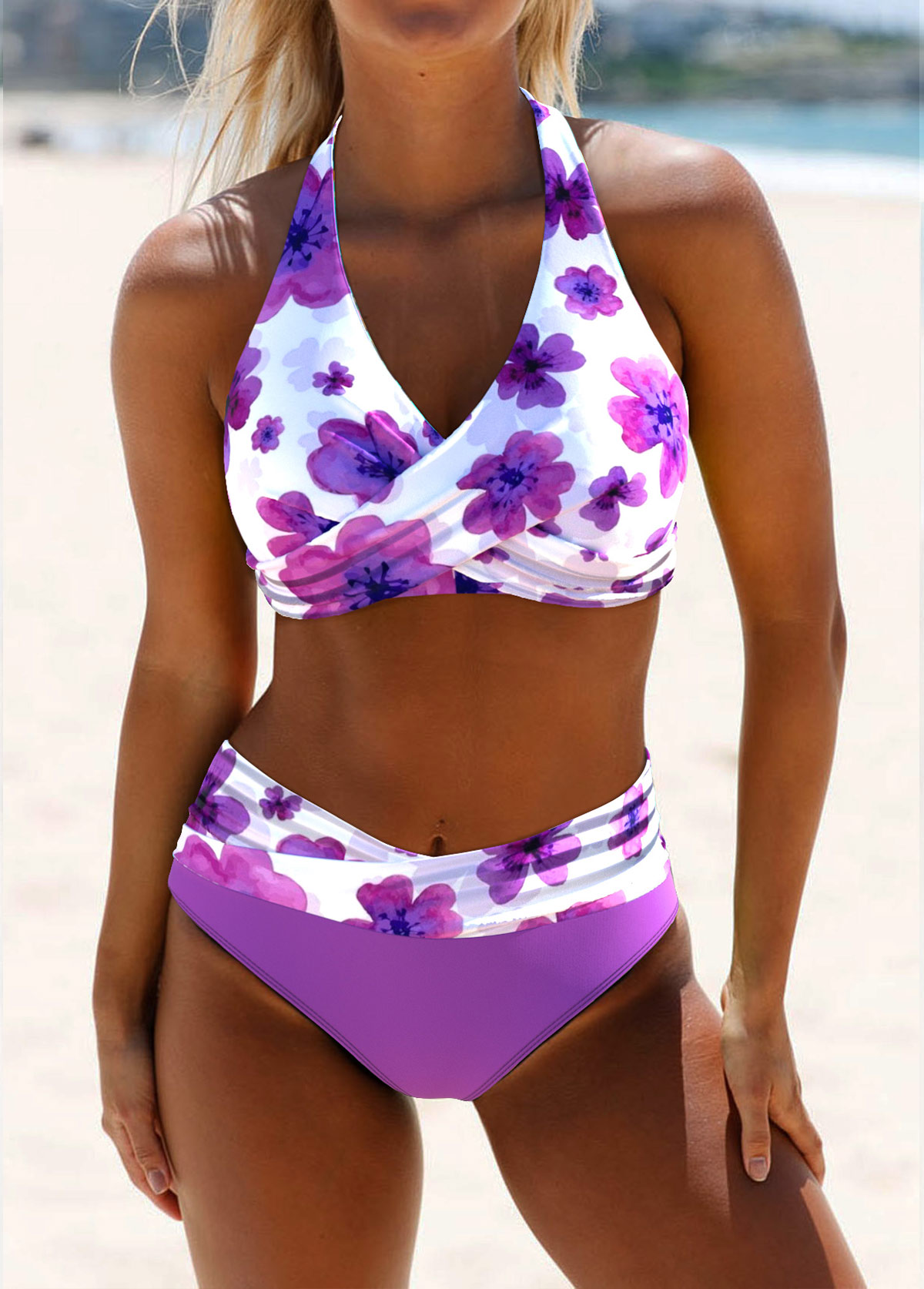 Floral Print Criss Cross Purple Bikini Set