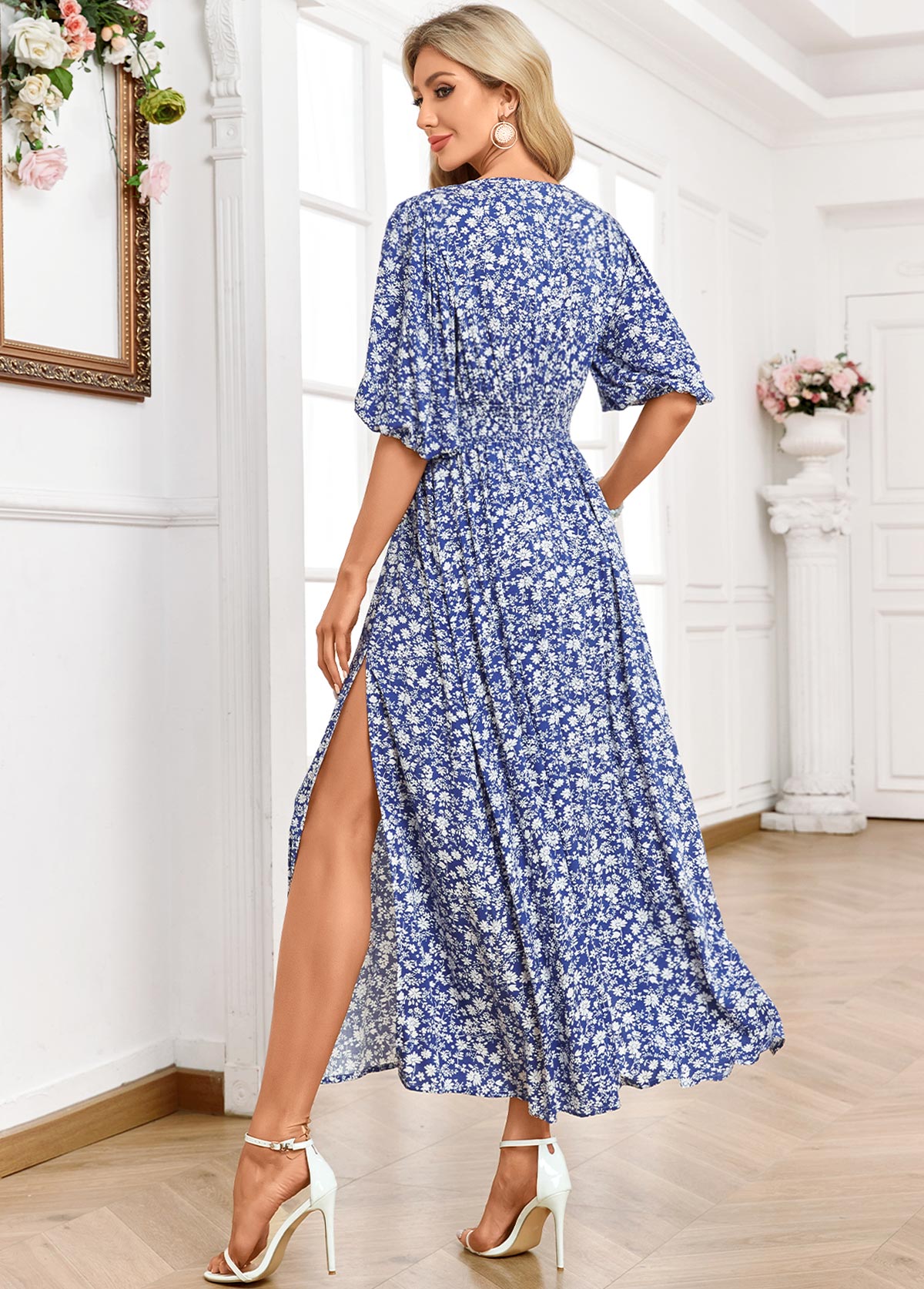 Ditsy Floral Print Split Blue Half Sleeve Maxi Dress