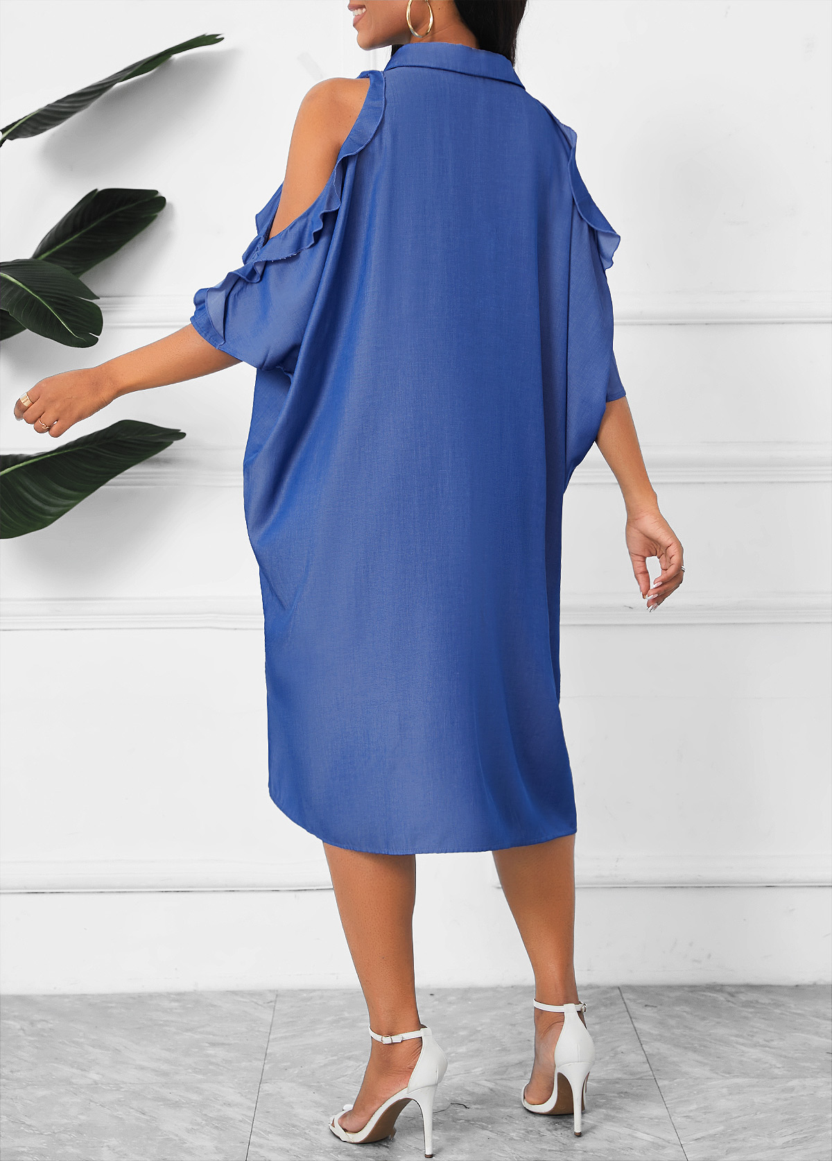 Button Denim Blue O Shape 3/4 Sleeve Dress