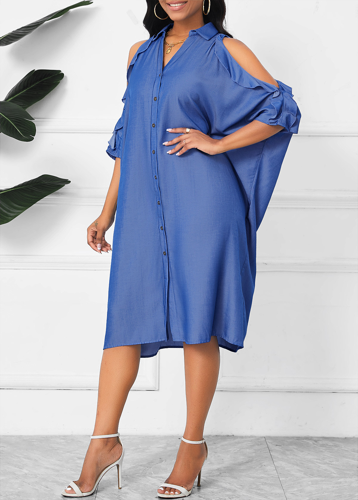 Button Denim Blue O Shape 3/4 Sleeve Dress