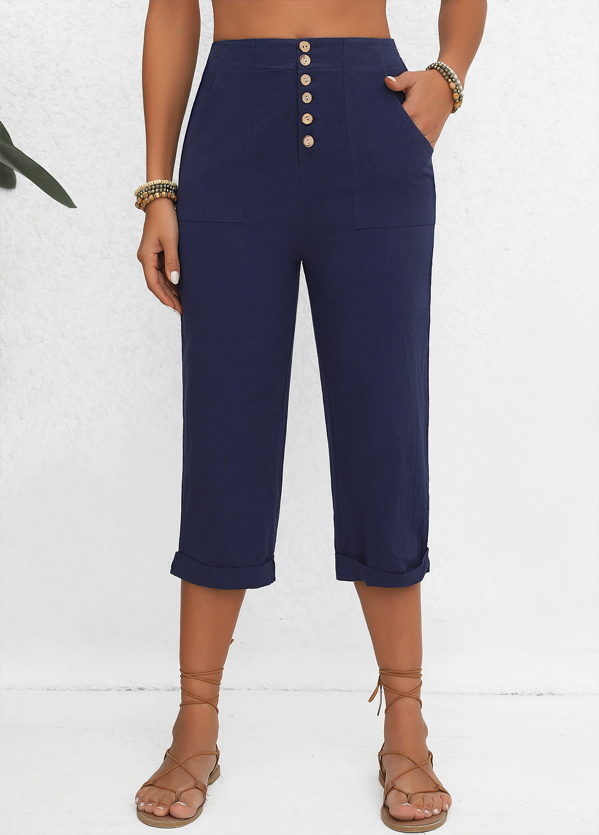 Navy Elastic Waist High Waisted Button Pants | Rosewe.com - USD $32.98