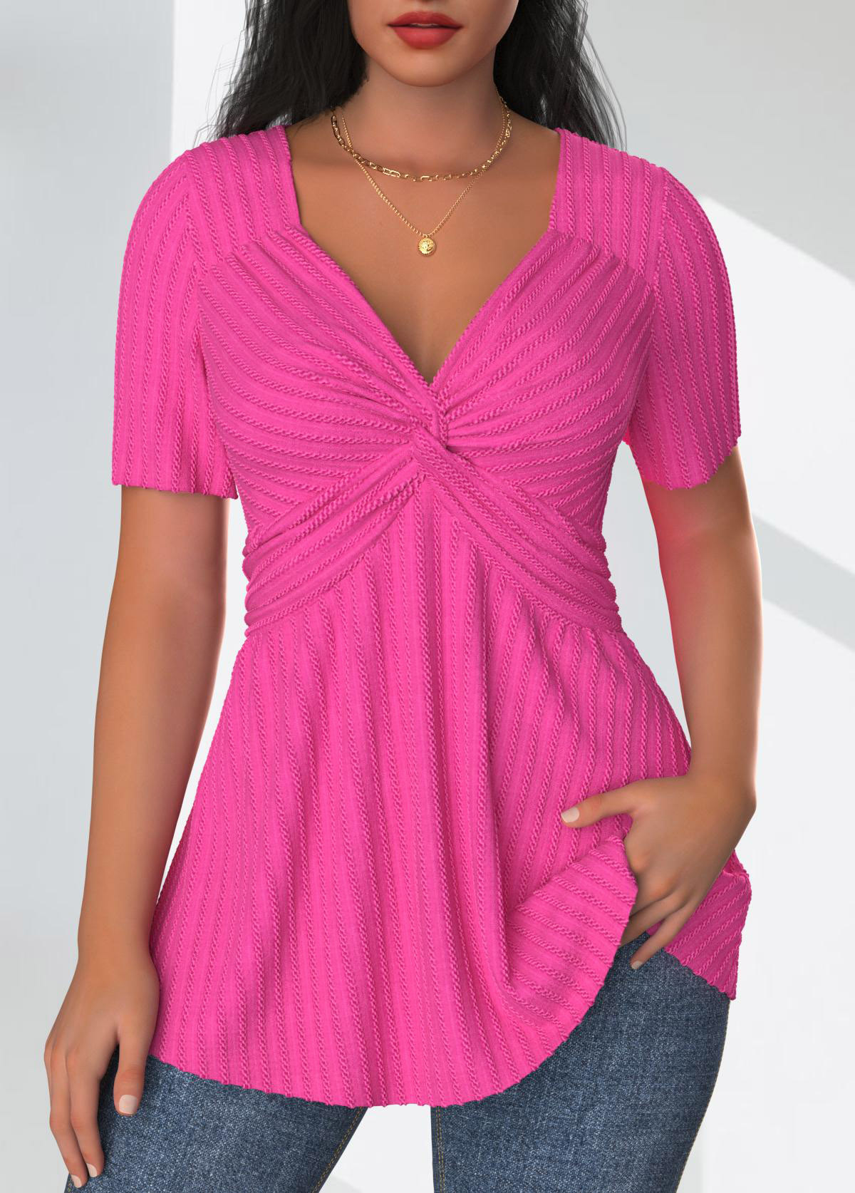 Textured Fabric Hot Pink Short Sleeve T Shirt