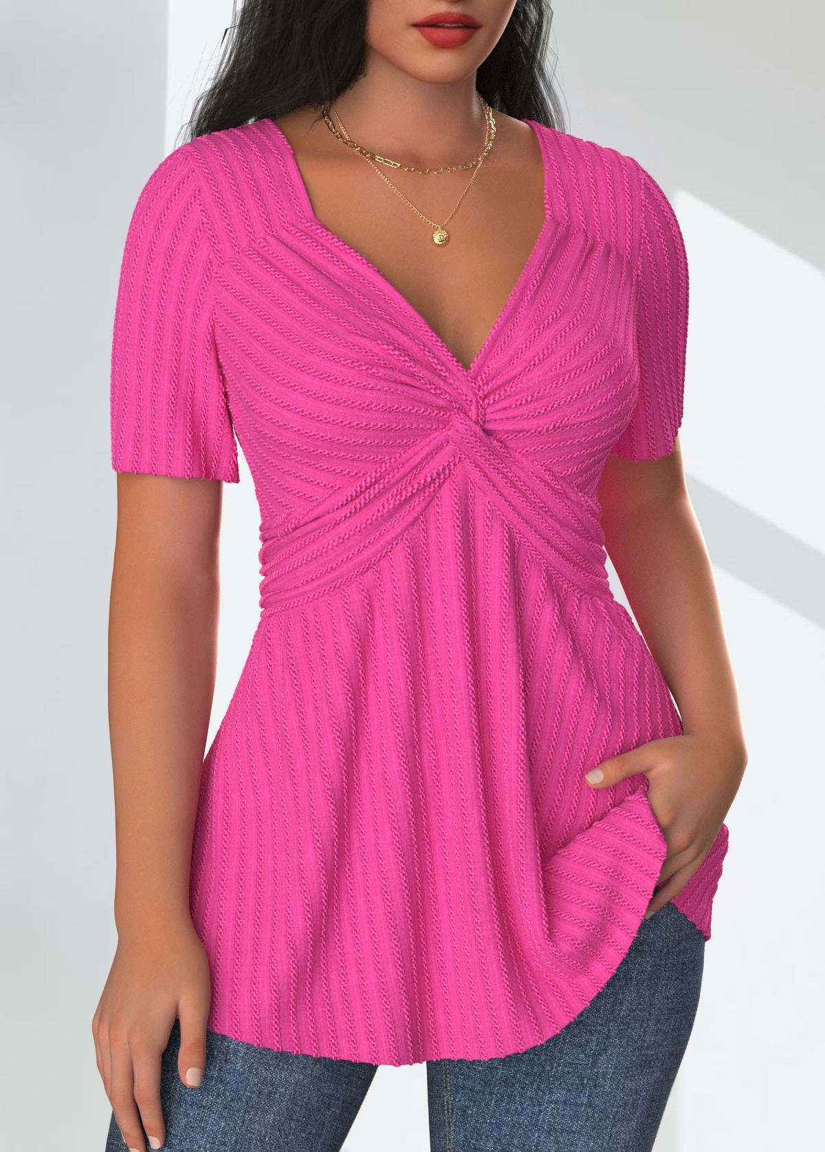 Textured Fabric Hot Pink Short Sleeve T Shirt