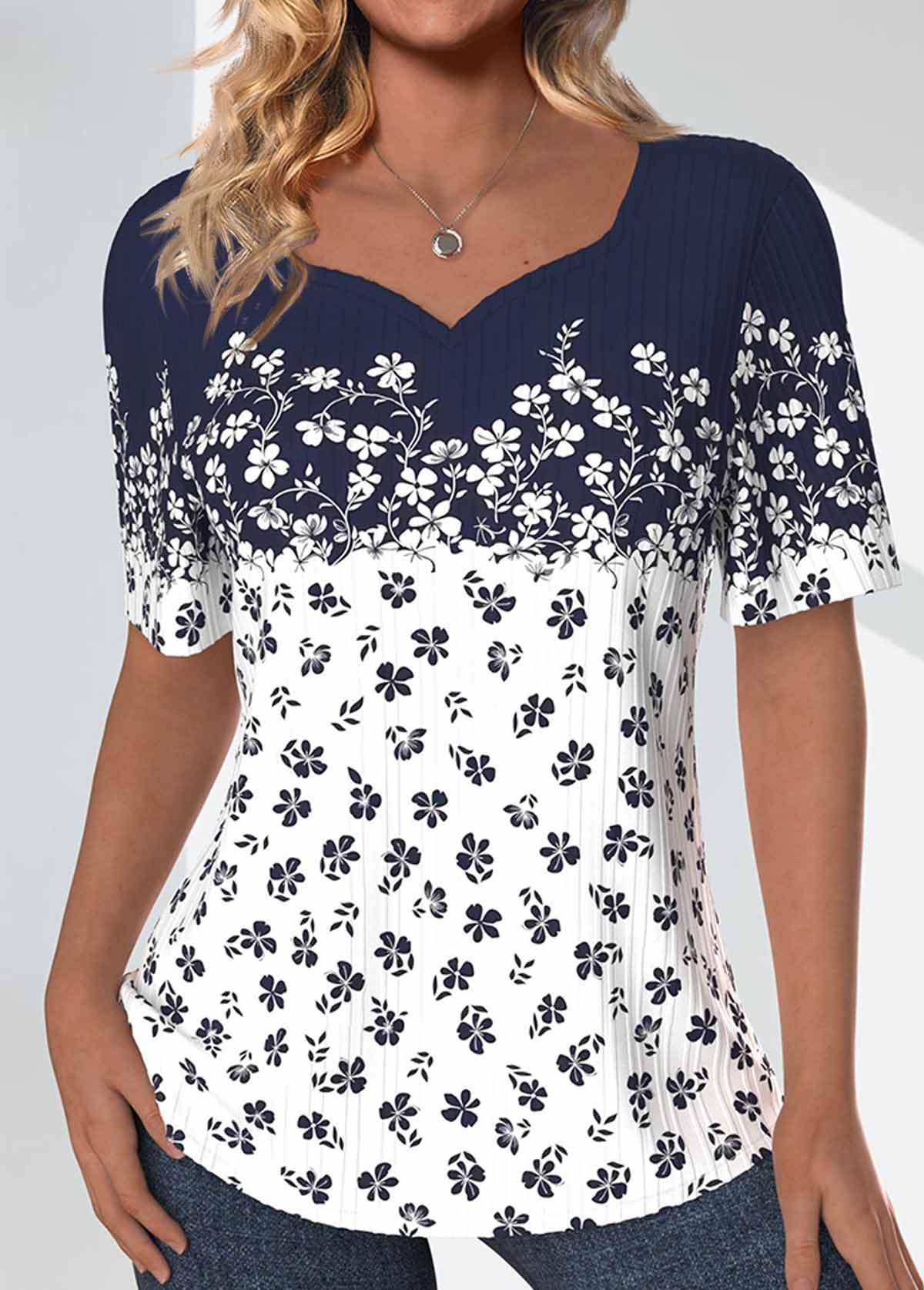 Ditsy Floral Print Textured Fabric Navy T Shirt