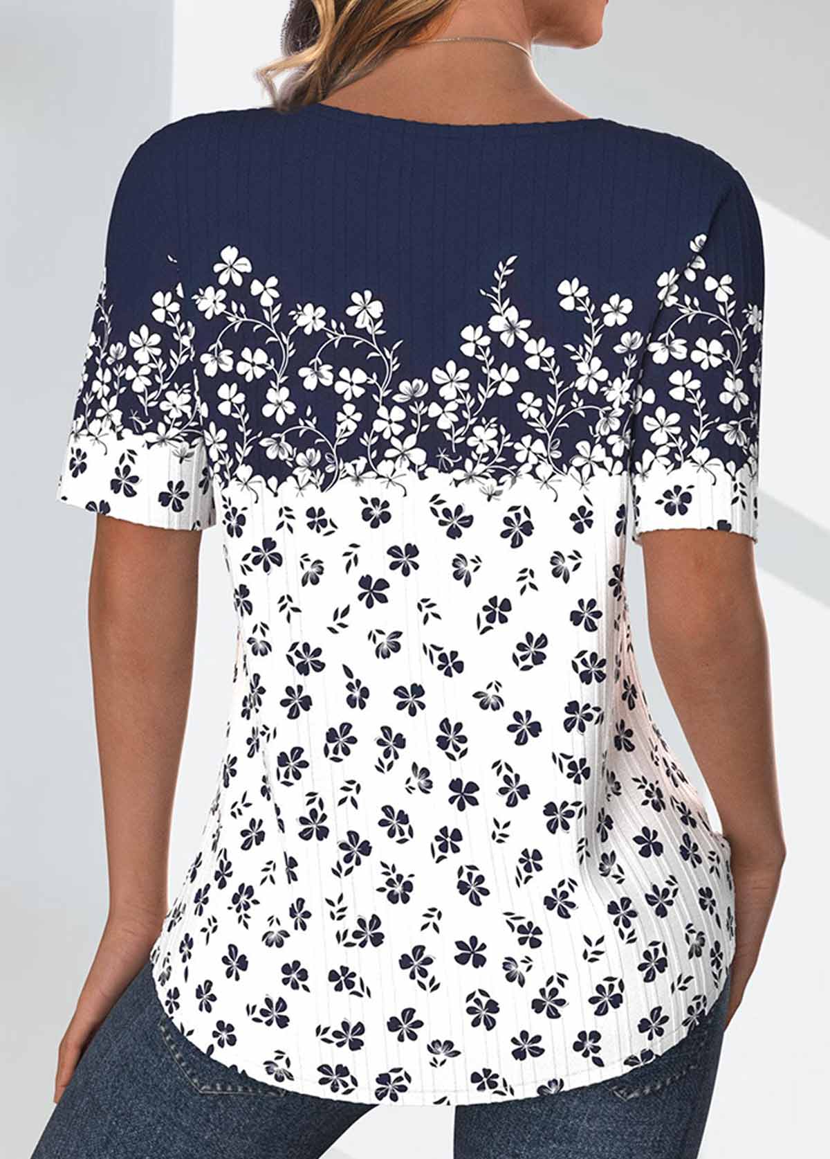 Ditsy Floral Print Textured Fabric Navy T Shirt