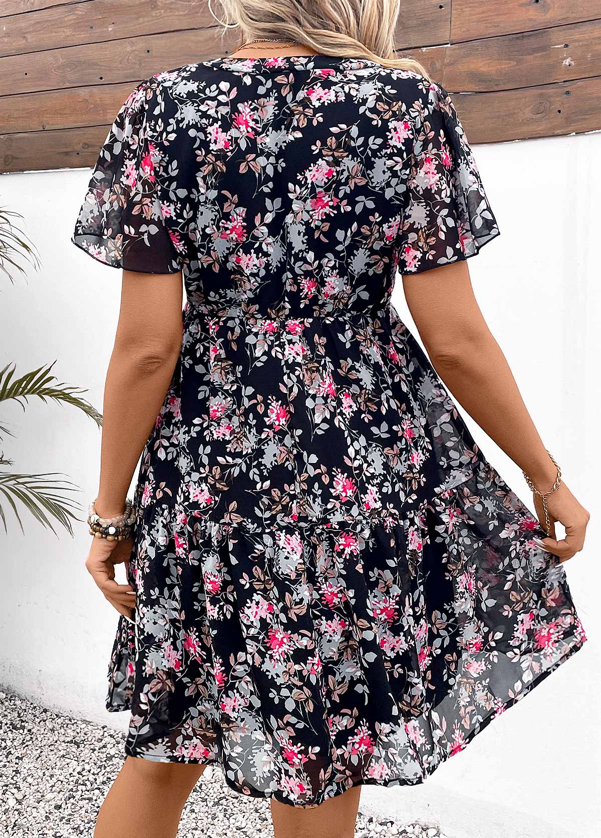 Ditsy Floral Print Split Black Short Sleeve Dress