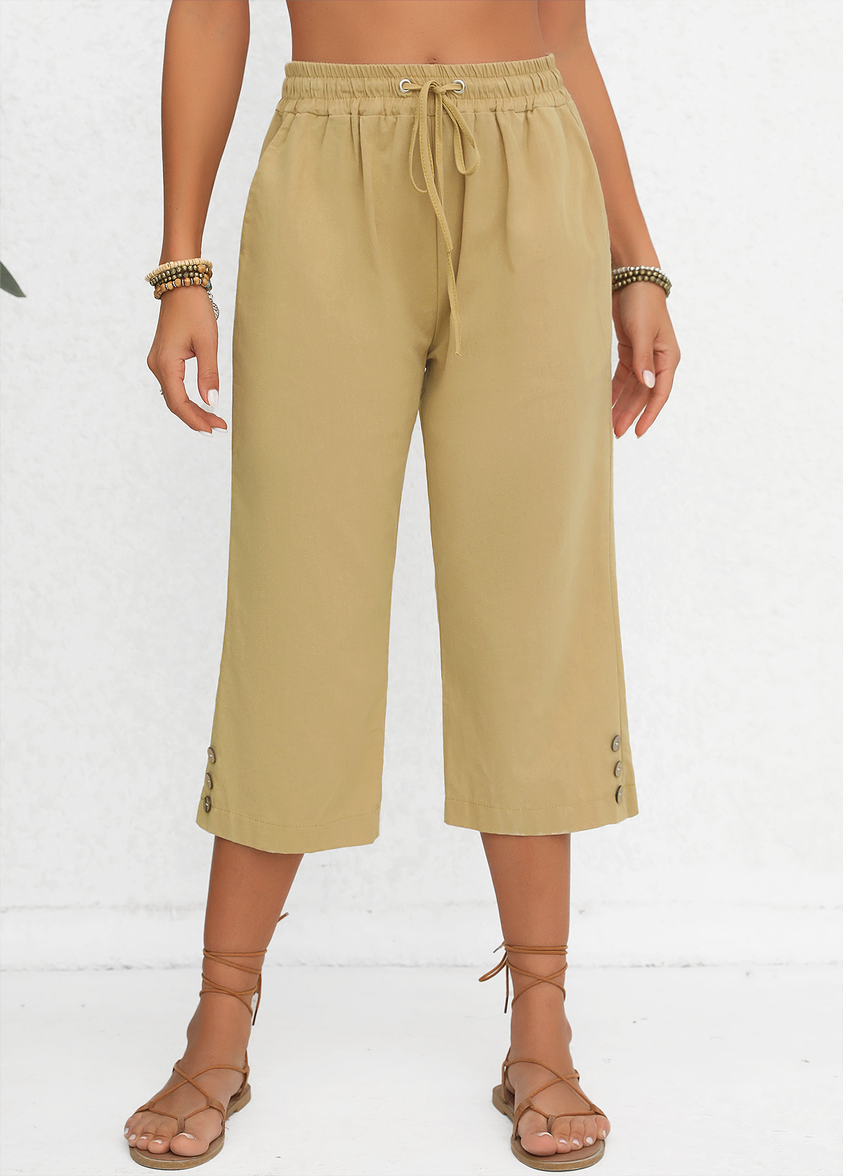 Light Camel Elastic Waist Pocket High Waisted Pants