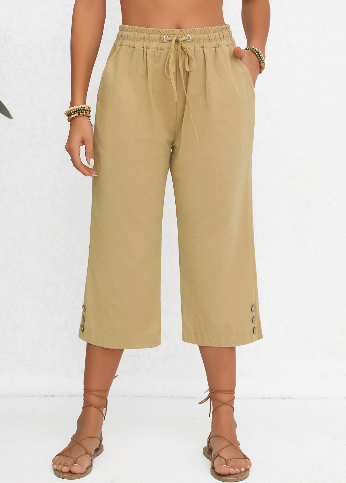 Light Camel Elastic Waist Pocket High Waisted Pants