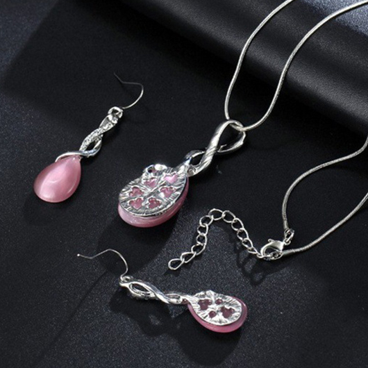 Waterdrop Rhinestone Pink Alloy Earrings and Necklace