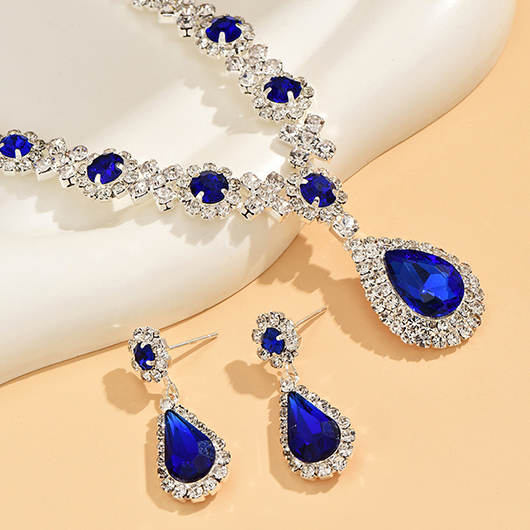 Rhinestone Blue Waterdrop Earrings and Necklace