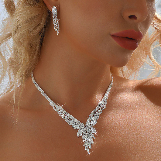 Rhinestone Silvery White Tassel Earrings and Necklace