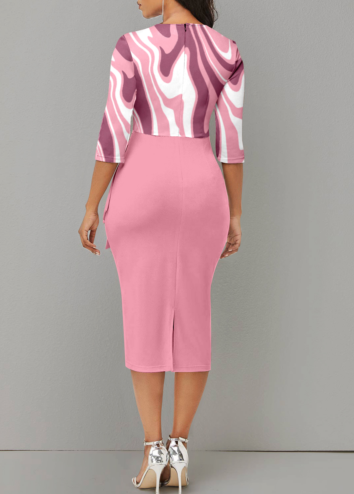 Geometric Print Asymmetry Light Pink 3/4 Sleeve Dress