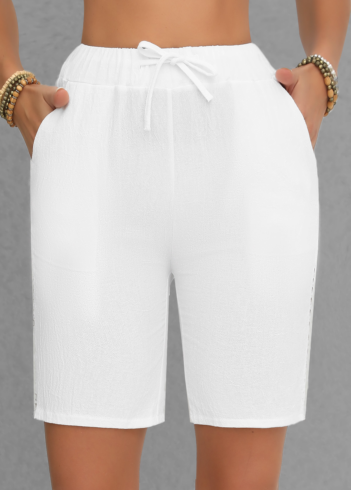 White Regular Elastic Waist Patchwork High Waisted Shorts