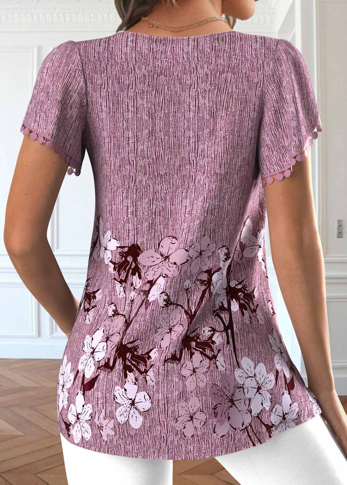 Floral Print Embroidery Dark Reddish Purple T Shirt