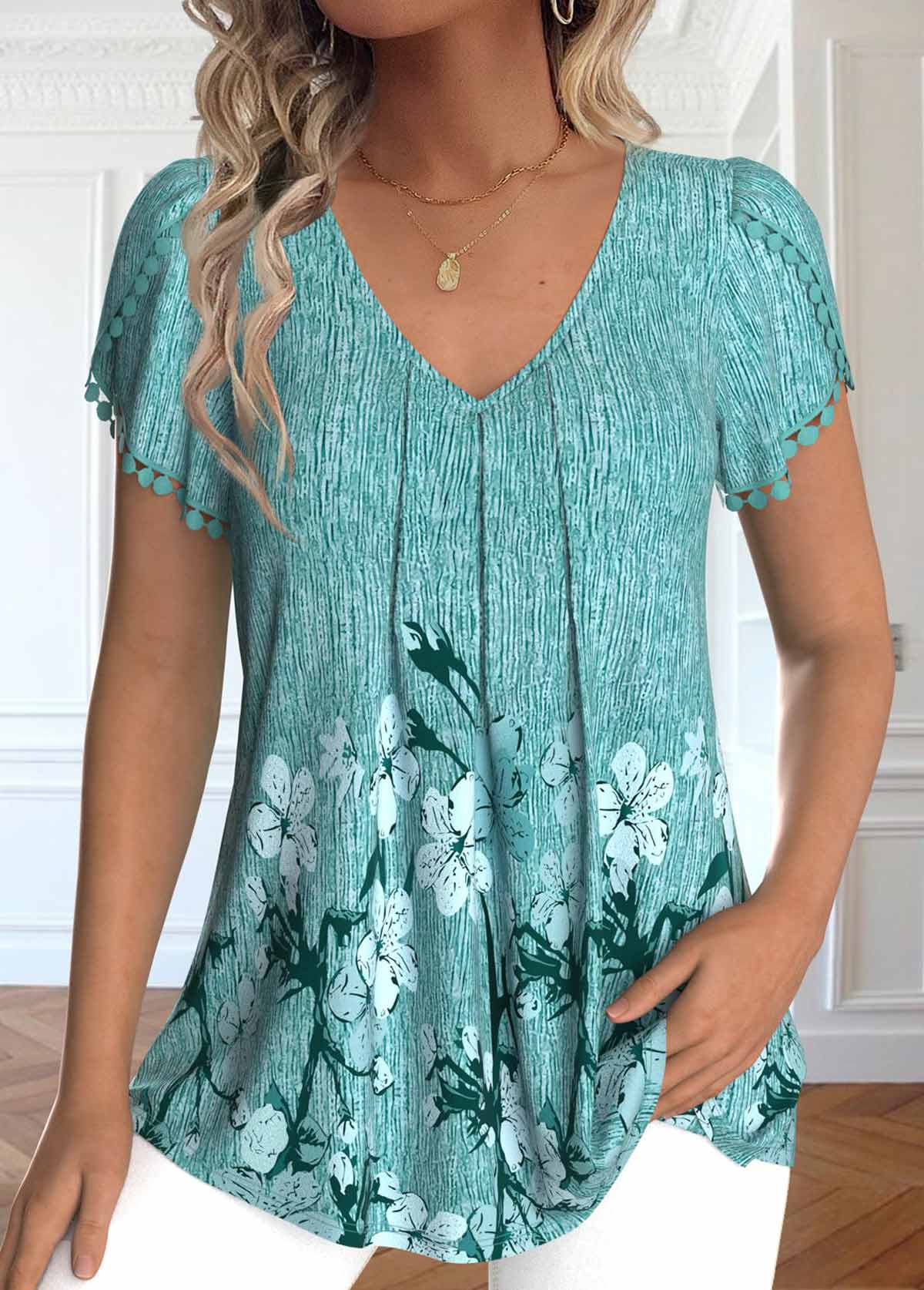 Floral Print Embroidery Mint Green Short Sleeve T Shirt