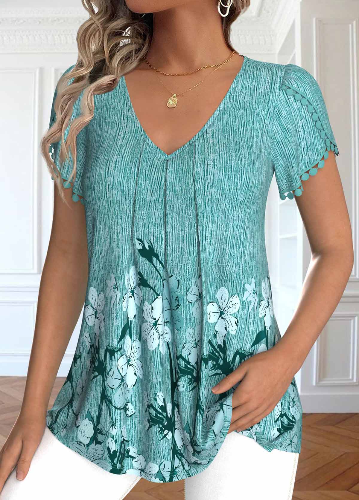 Floral Print Embroidery Mint Green Short Sleeve T Shirt