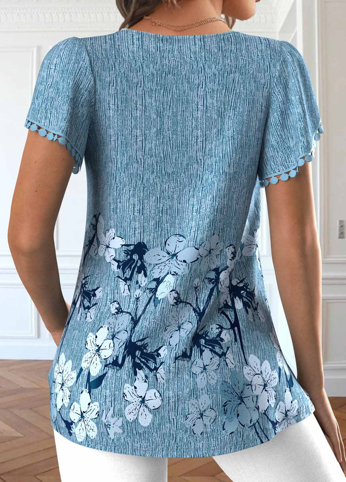 Floral Print Embroidery Dusty Blue Short Sleeve T Shirt