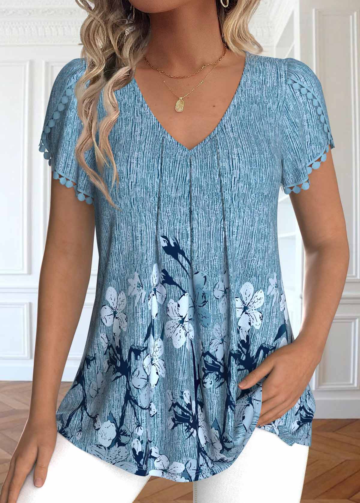 Floral Print Embroidery Dusty Blue Short Sleeve T Shirt