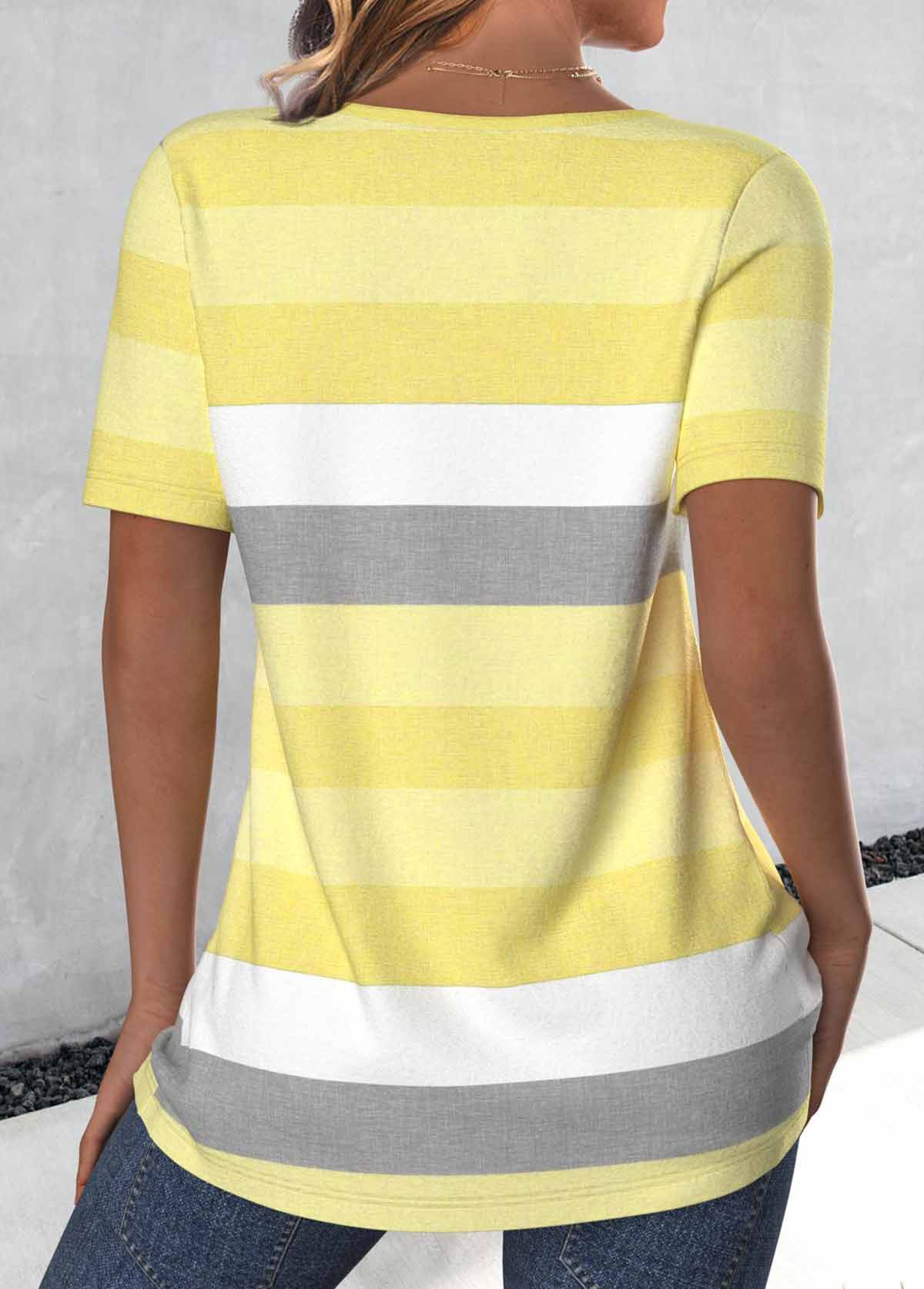 Striped Button Light Yellow Short Sleeve T Shirt
