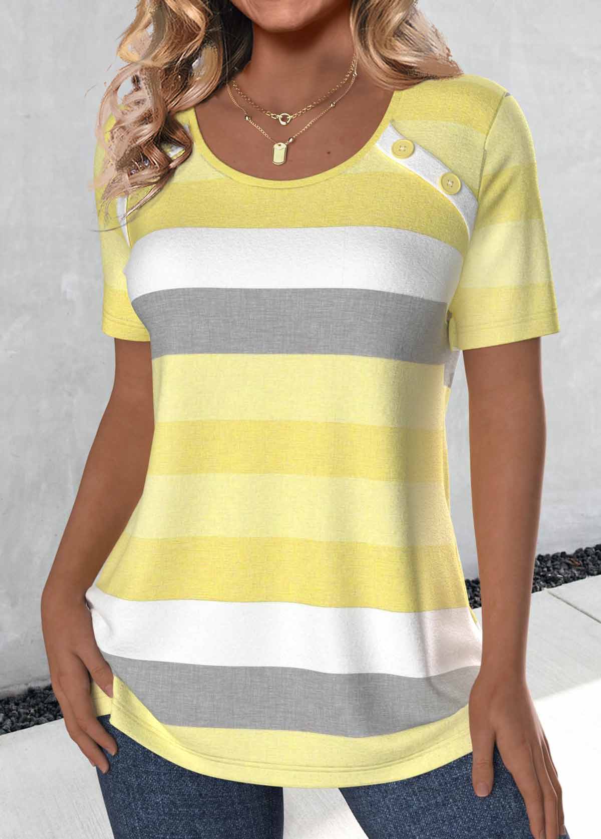 Striped Button Light Yellow Short Sleeve T Shirt