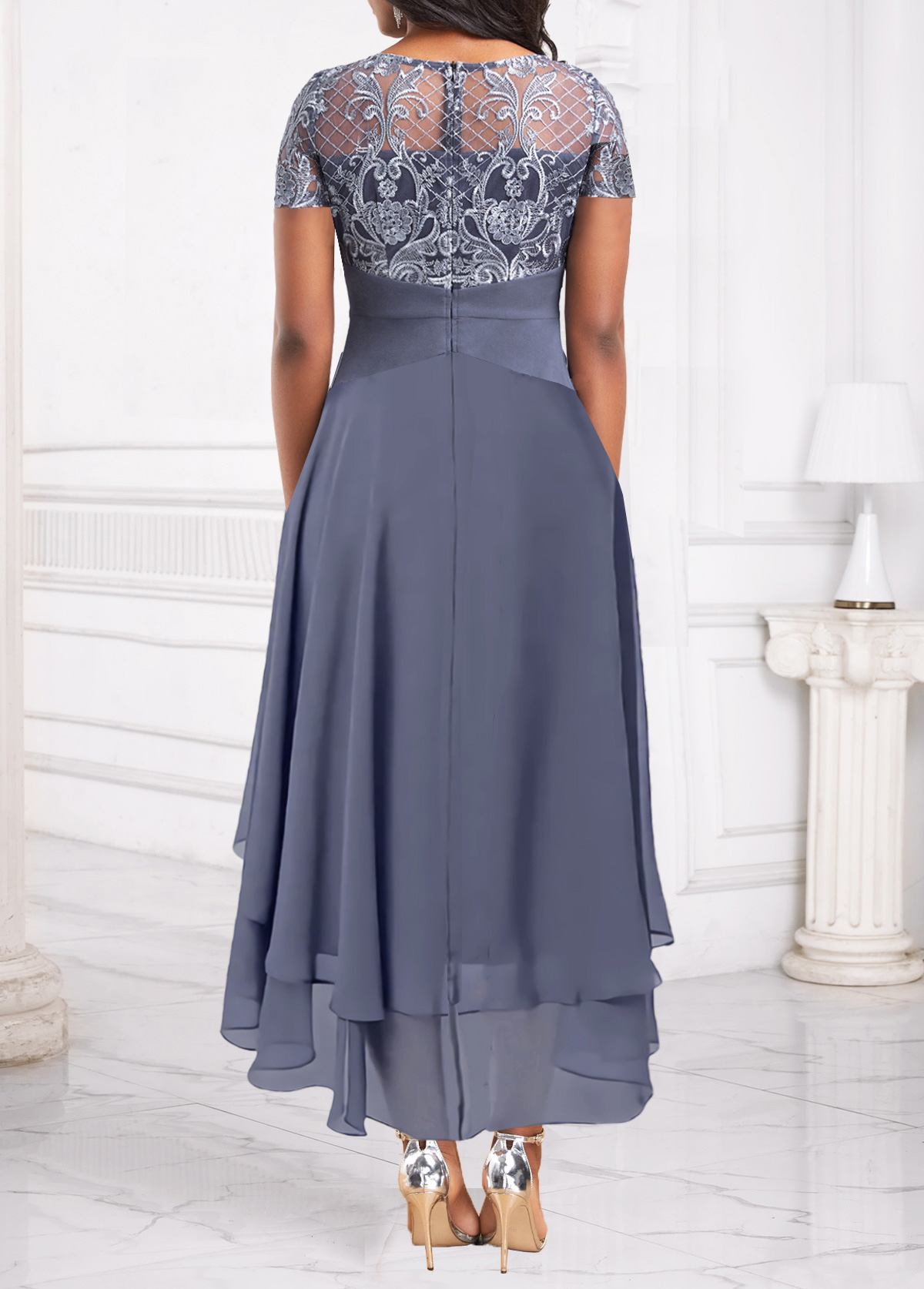 Lace Grey Maxi Short Sleeve Round Neck Dress
