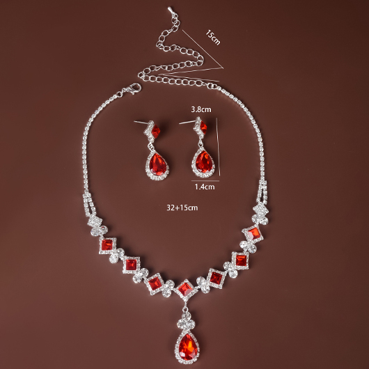 Geometric Waterdrop Red Rhinestone Earrings and Necklace