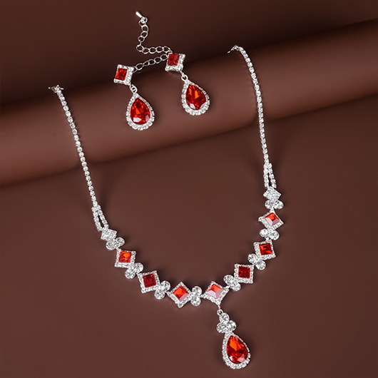 Geometric Waterdrop Red Rhinestone Earrings and Necklace