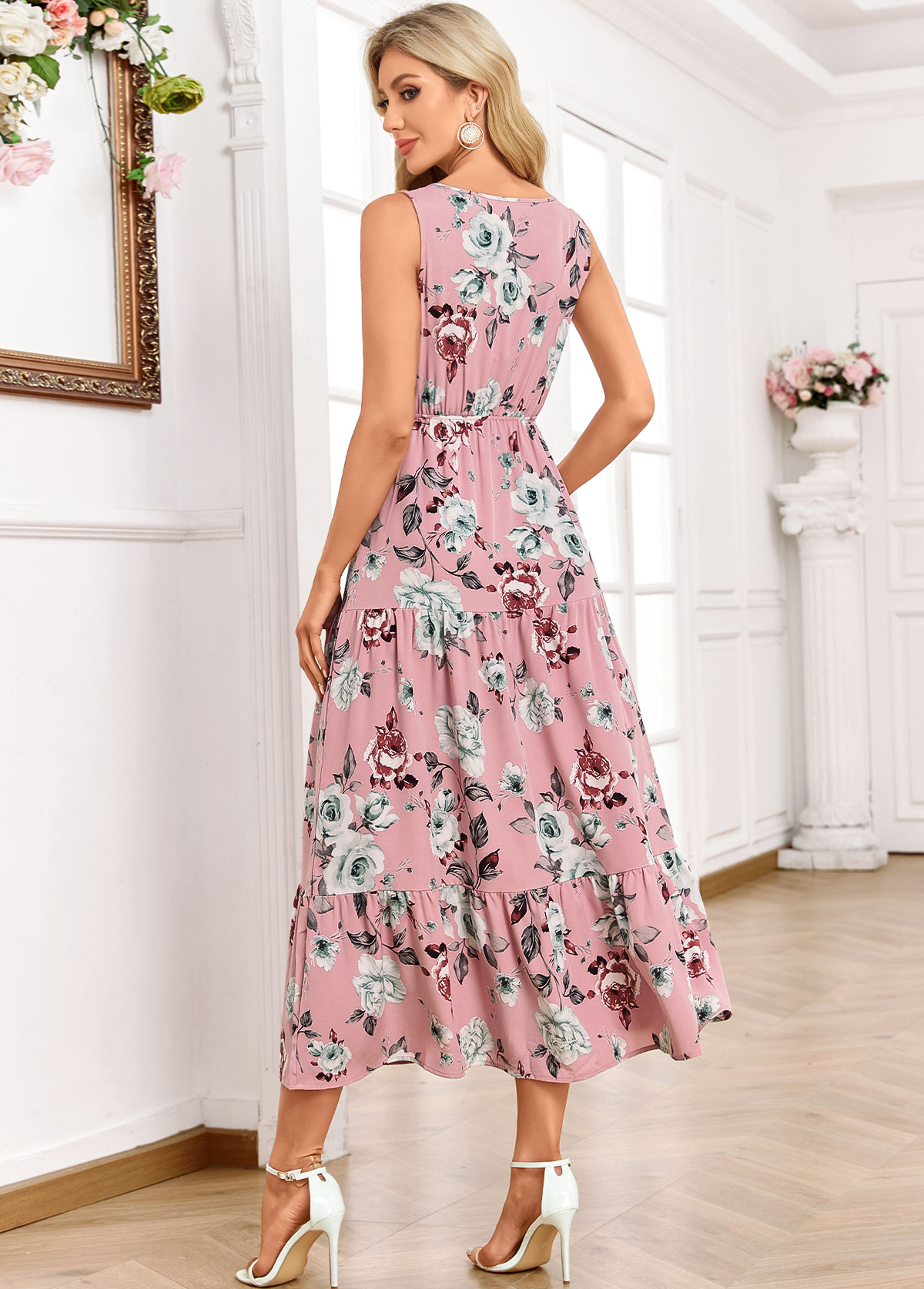 Floral Print Ruched Light Pink Sleeveless V Neck Dress