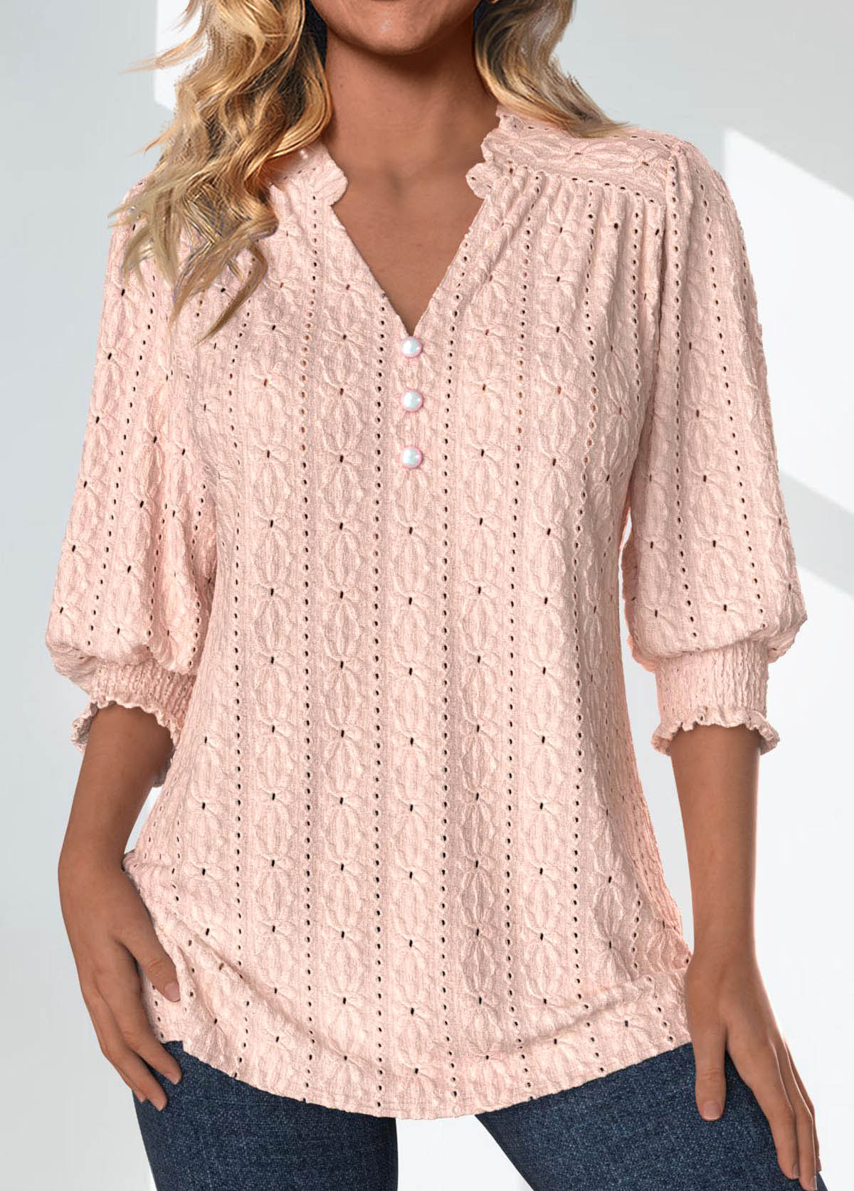 Plus Size Light Pink Textured Fabric 3/4 Sleeve Blouse