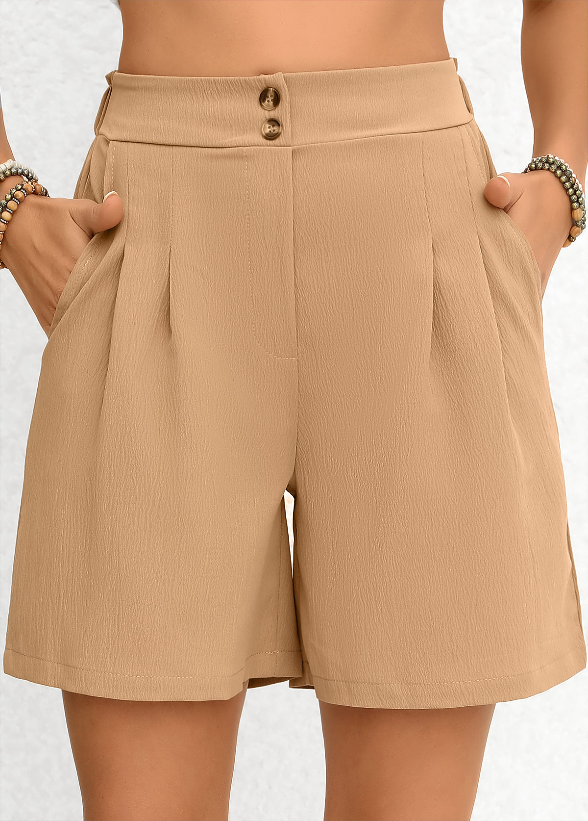 Light Camel Regular Pocket Button Fly High Waisted Shorts